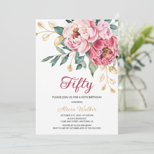 Rode Roze Pioen Goud Blad Rustieke Bloemen Verjaar Kaart (Staand voorkant)