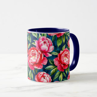 Rode Roze Pioenrozen & Groene Bladeren Blauwe Patr Mok
