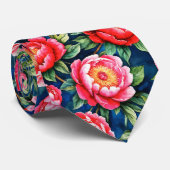 Rode Roze Pioenrozen & Groene Bladeren Blauwe Patr Stropdas (Opgerold)