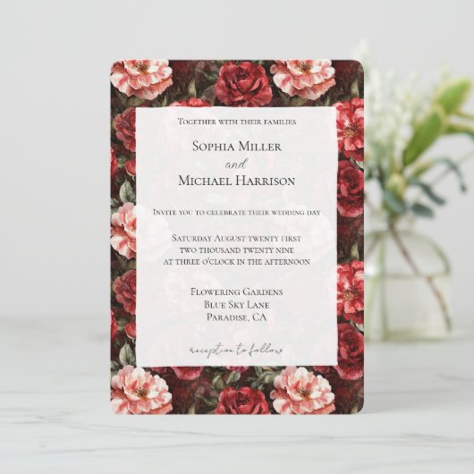 Rode Roze Roos Bloemen Bruiloft Kaart (Staand voorkant)