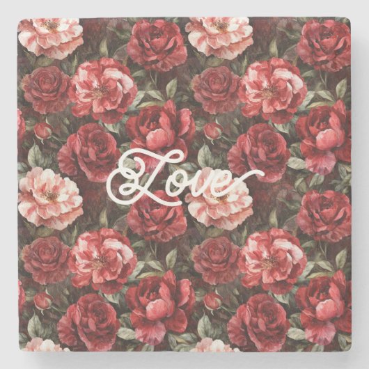 Rode Roze Roos Bloemen Stenen Onderzetter (Voorkant)