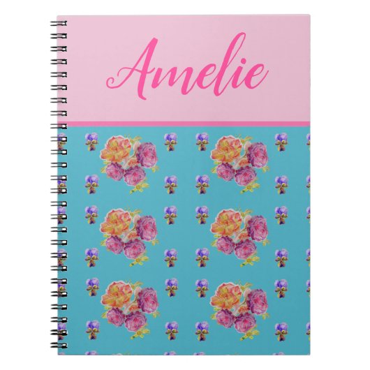 Rode Roze Roos Shabby Chic Teal Aqua Bloem Bloem Notitieboek (Voorkant)