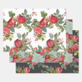 Rode roze rozen Berries Greenery Waterverf Floral Inpakpapier Vel