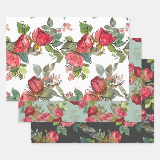 Rode roze rozen Berries Greenery Waterverf Floral Inpakpapier Vel (Set)