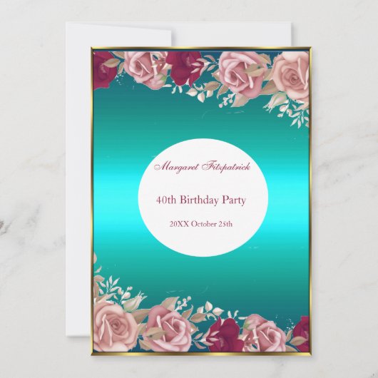 Rode roze rozen Blauwgroen Groene Witte Dag Partij Kaart (Achterkant)