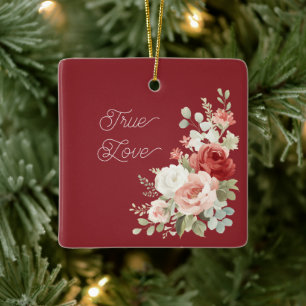 Rode Roze Rozen Bloemige Echte Liefde Kerstmis Keramisch Ornament
