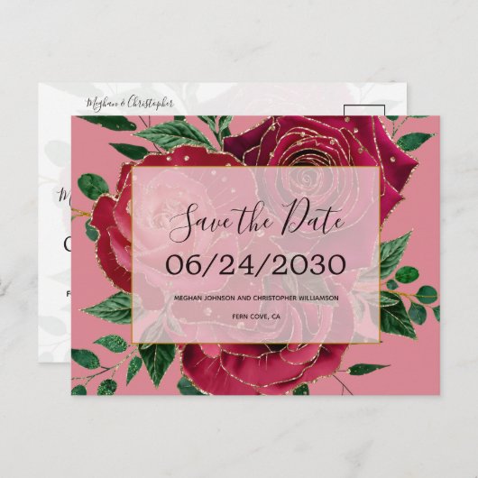  rode roze rozen die de datum opslaan aankondigingskaart (Voorkant / Achterkant)