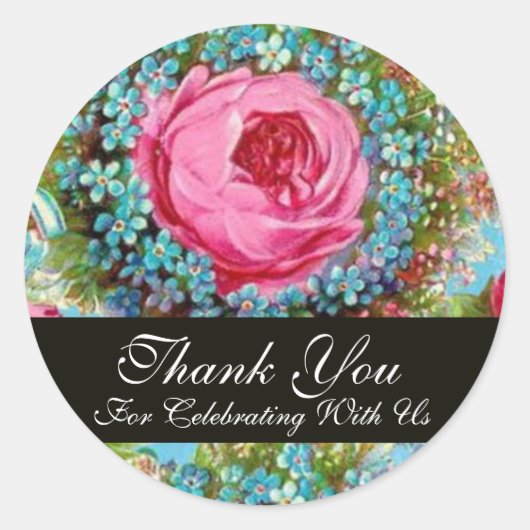 RODE ROZE ROZEN EN BLAUWE BLOEMEN Dank u Ronde Sticker (Voorkant)