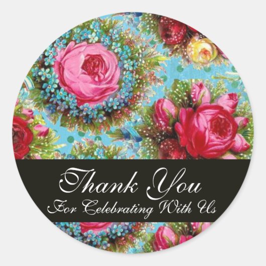 RODE ROZE ROZEN EN BLAUWE BLOEMEN Dank u Ronde Sticker (Voorkant)