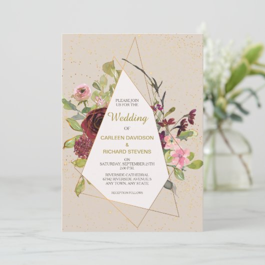 Rode roze rozen en gouden Lijsten bruiloft Kaart (Staand voorkant)