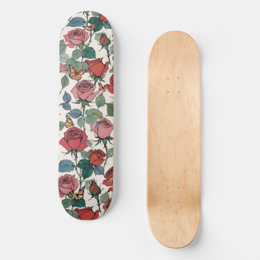 Rode & roze rozen met bladeren & monarchvlinders persoonlijk skateboard (Voorkant)