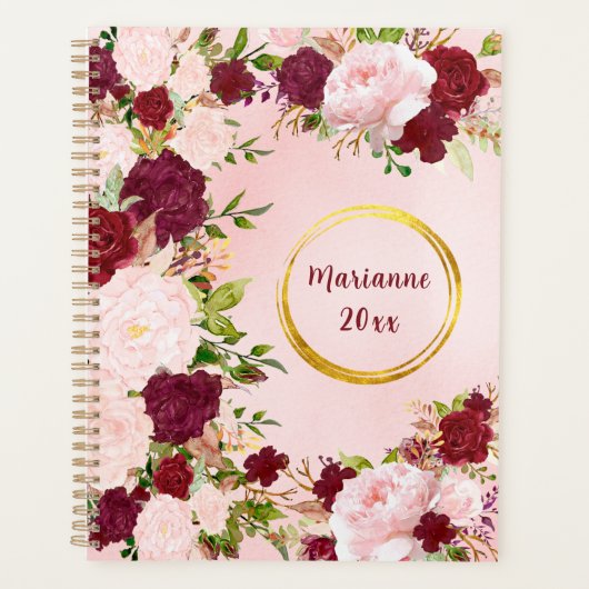 Rode & Roze Rozen met Gouden Naam Frame Persoonlij Planner (Voorkant)