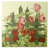Rode & Roze Rozen op Picket Fence Trellis Frieze Tegeltje (Voorkant)