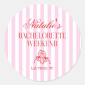 Rode Roze Strepen Bachelorette Weekend Feest Ronde Sticker (Voorkant)