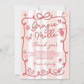 Rode Roze Strepen Ciao Baby shower met Italiaans t Bedankkaart (Voorkant)