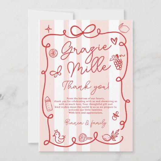 Rode Roze Strepen Ciao Baby shower met Italiaans t Bedankkaart (Voorkant)