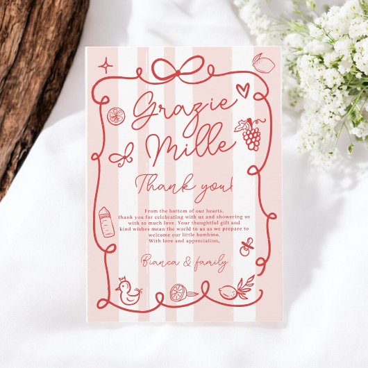 Rode Roze Strepen Ciao Baby shower met Italiaans t Bedankkaart