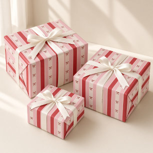 Rode Roze Strepen Coquette Strikken Kerst Cadeaupapier