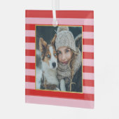 Rode Roze Strepen Kerst Foto Glas Ornament (Voorkant links)