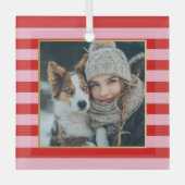 Rode Roze Strepen Kerst Foto Glas Ornament (Voorkant)