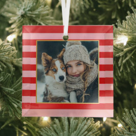Rode Roze Strepen Kerst Foto Glas Ornament