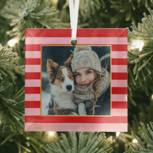 Rode Roze Strepen Kerst Foto Glas Ornament