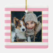 Rode Roze Strepen Kerst Foto Keramisch Ornament (Achterkant)