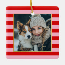 Rode Roze Strepen Kerst Foto Keramisch Ornament