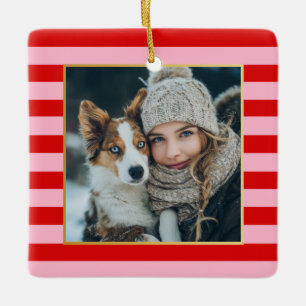 Rode Roze Strepen Kerst Foto Keramisch Ornament