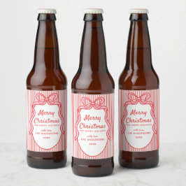 Rode Roze Strepen & Strik Frame Kerst Bier Etiket