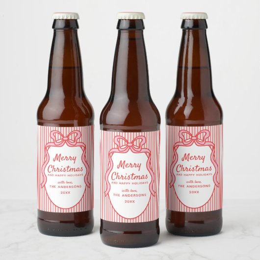 Rode Roze Strepen & Strik Frame Kerst Bier Etiket (Flessen)