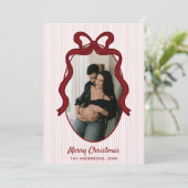 Rode Roze Strepen & Strik Frame Kerst Foto Feestdagenkaart (Staand voorkant)