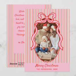 Rode Roze Strepen & Strik Frame Kerst Foto Feestdagenkaart