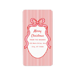 Rode Roze Strepen & Strik Frame Kerstmis Etiket
