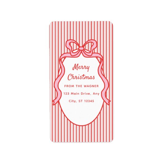 Rode Roze Strepen & Strik Frame Kerstmis Etiket (Voorkant)