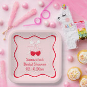 Rode Roze Strik Kersen Bruiloft Feest Papieren Bordje (Feest)