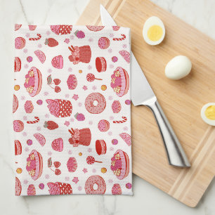 Rode roze taarten & snoepjes theedoek