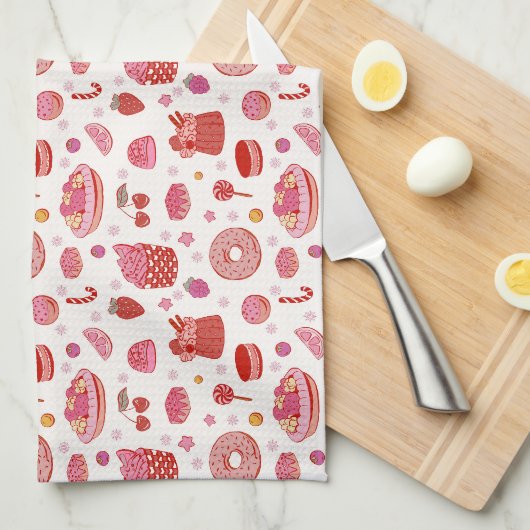 Rode roze taarten & snoepjes theedoek (Quarter Fold)