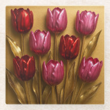 Rode Roze Tulpen Gouden Glas Onderzetter