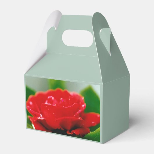 Rode roze van passie bedekt met dauwdruppels bedankdoosjes (Voorkant Zijde)