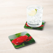 Rode roze van passie bedekt met dauwdruppels bier onderzetter (Rechterzijde)