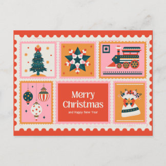 Rode Roze Vintage Postzegel Prettig Kerstmis Auto Feestdagenkaart