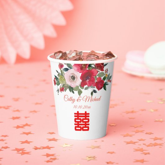 Rode roze waterverf bloem moderne Chinese bruiloft Papieren Bekers (Insitu)