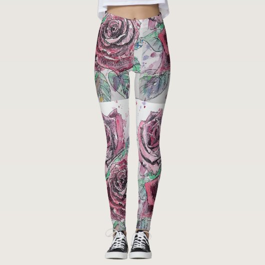 Rode roze Waterverf Bloem Rode Leggings (Voorkant)