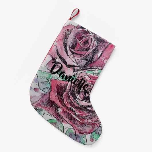 Rode roze Waterverf bloemen Floral naam stoppen Kleine Kerstsok (Voorkant (Hangend))