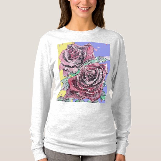 Rode roze Waterverf bloemen Rozen schilderen T-shirt (Voorkant)