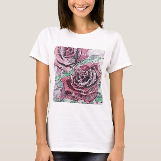 Rode roze Waterverf bloemen T-shirt (Voorkant)