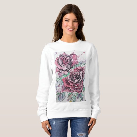 Rode roze Waterverf bloemen Trui (Voorkant volledig)