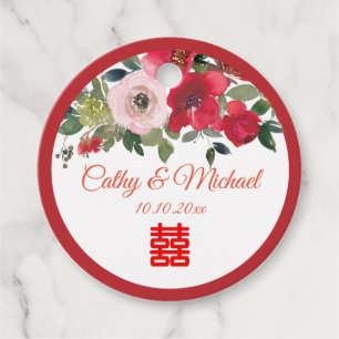 Rode roze waterverf bloemrijke moderne Chinese bru Bedankjes Labels