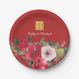 Rode roze waterverf bloemrijke moderne dubbele gel papieren bordje